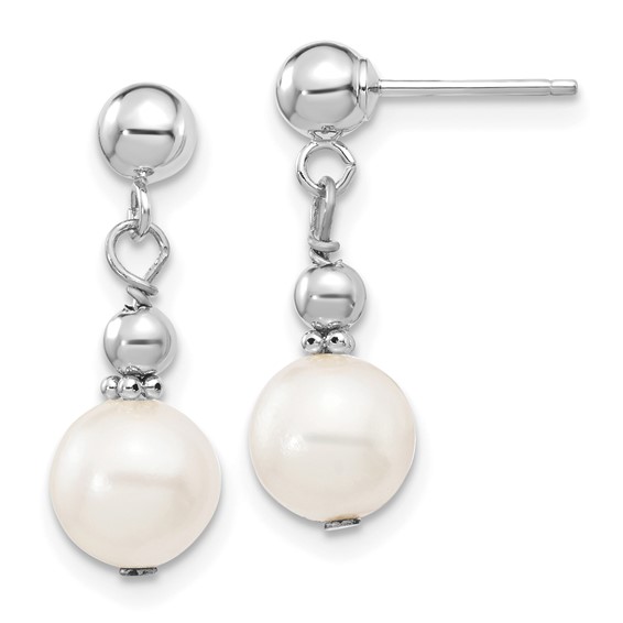 14k White Gold 7-8mm White Semi-round Freshwater Cultured Pearl Post Dangle Earrings