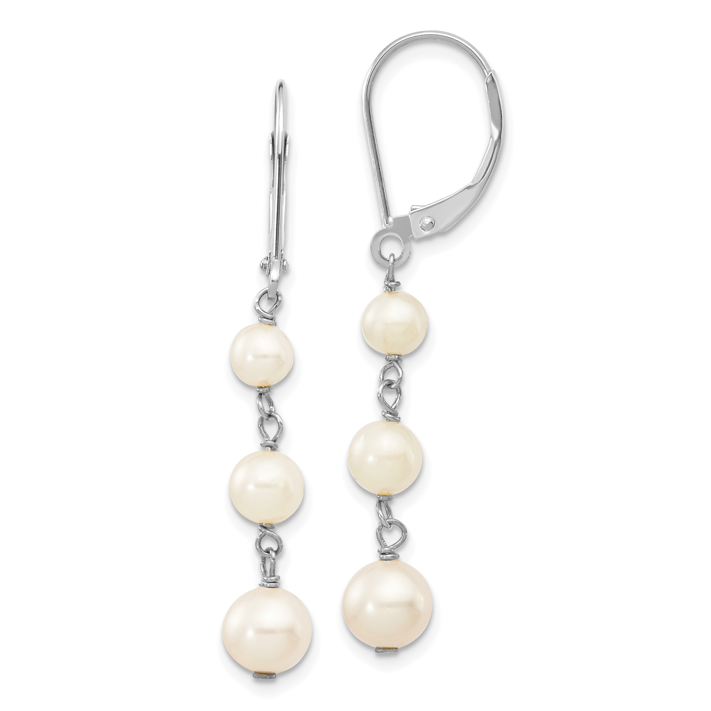 14k White Gold 4-6mm White Semi-Round Freshwater Cultured Pearl Dangle Leverback Earrings (XFW569)