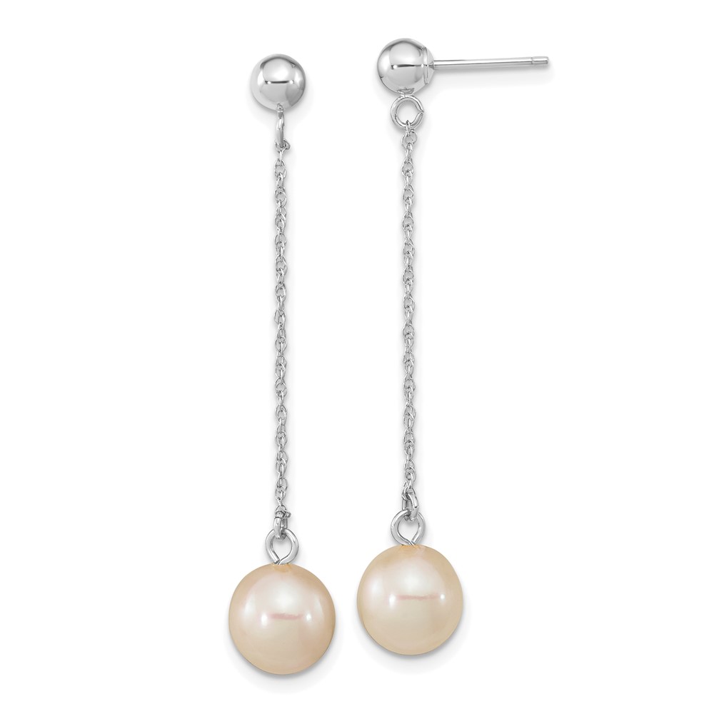 14kw 7-8mm White Round Freshwater Cultured Pearl Dangle Post Earrings