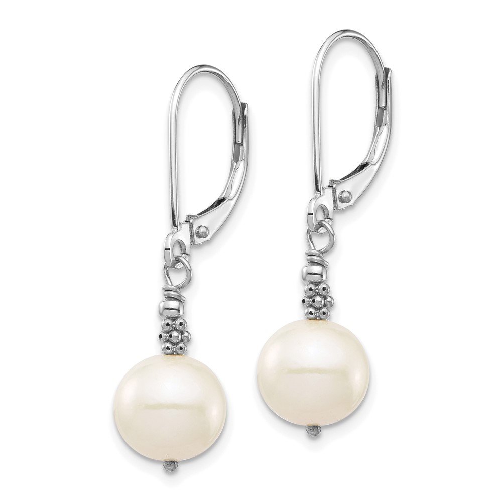 14k White Gold 8-9mm White Near-Round Freshwater Cultured Pearl Dangle Leverback Earrings (XFW654E)