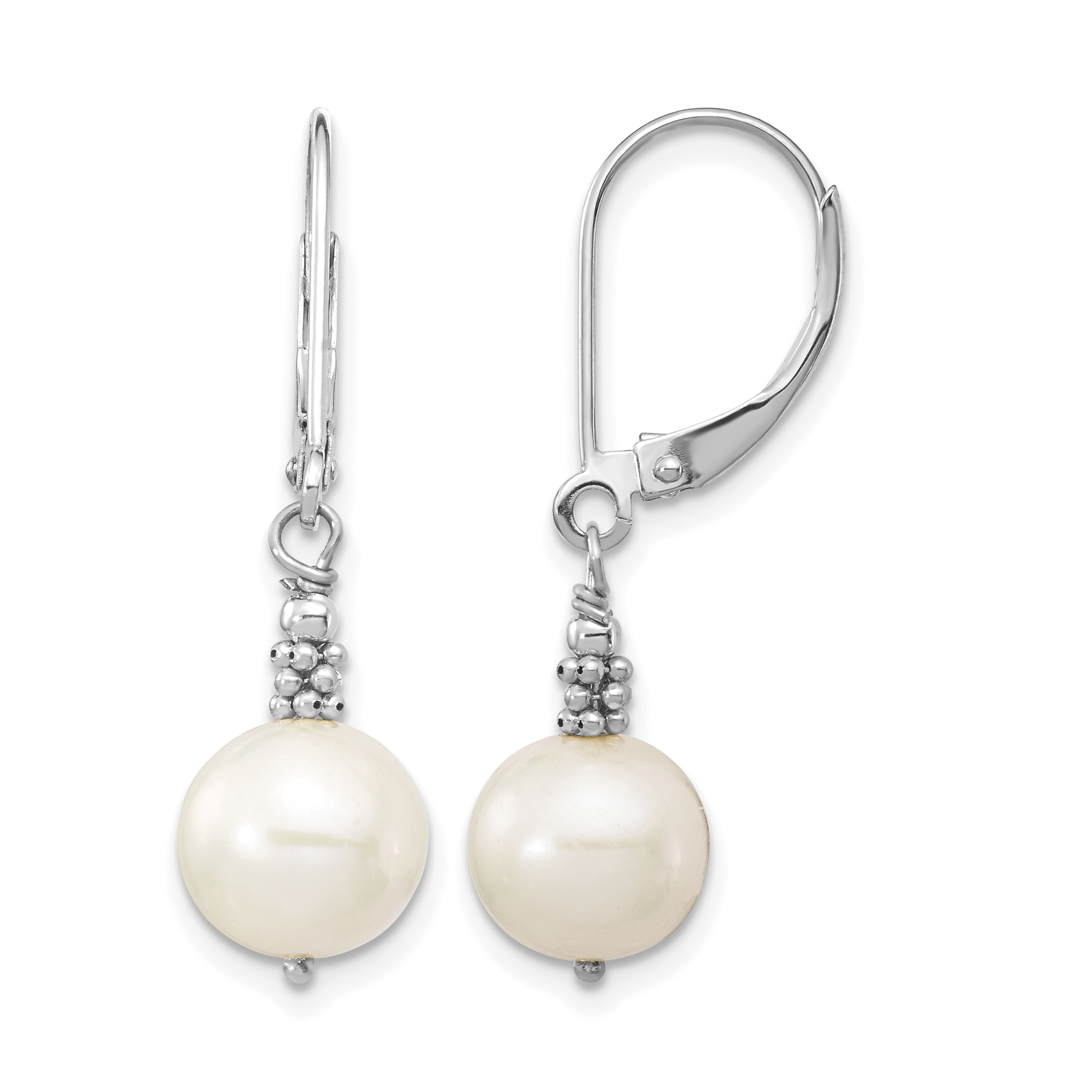 14k White Gold 8-9mm White Near-Round Freshwater Cultured Pearl Dangle Leverback Earrings (XFW654E)