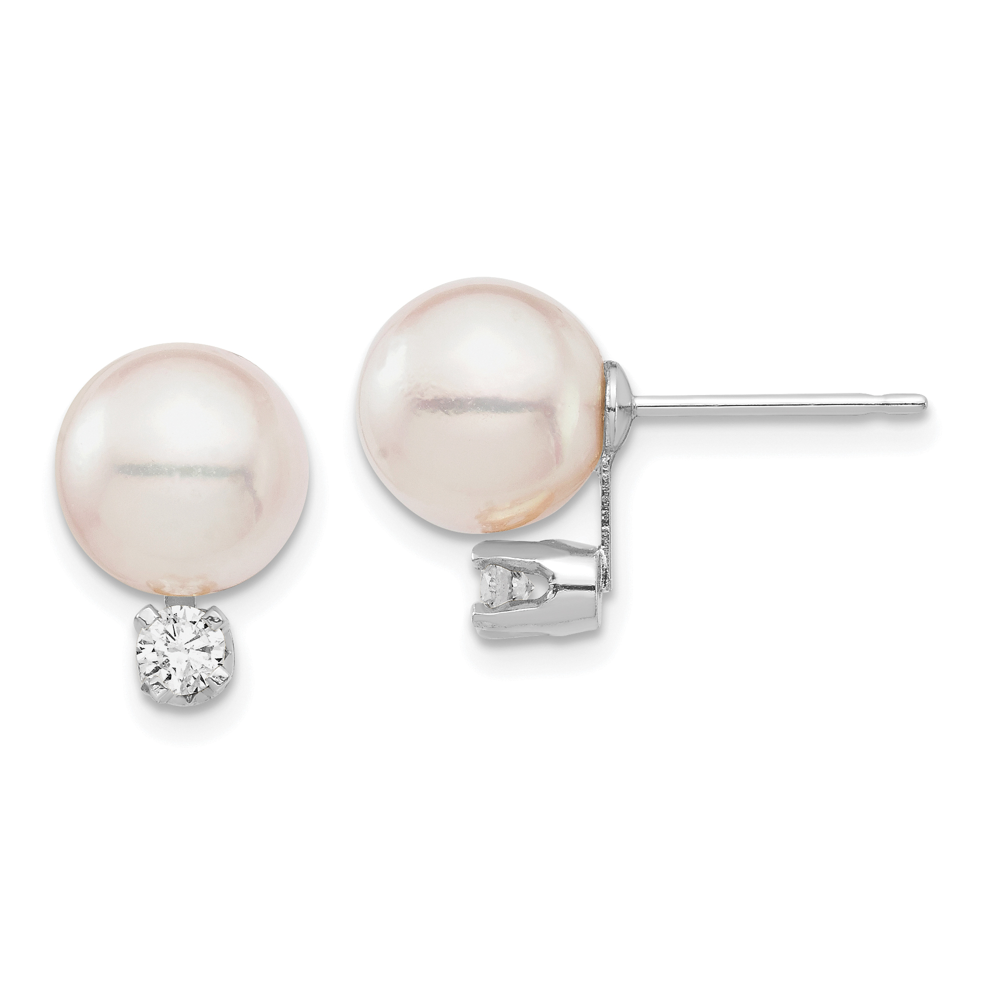 14k White Gold 8-9mm White Round Akoya Saltwater Cultured Pearl and .20 Carat Diamond Post Earrings (XFW682E)