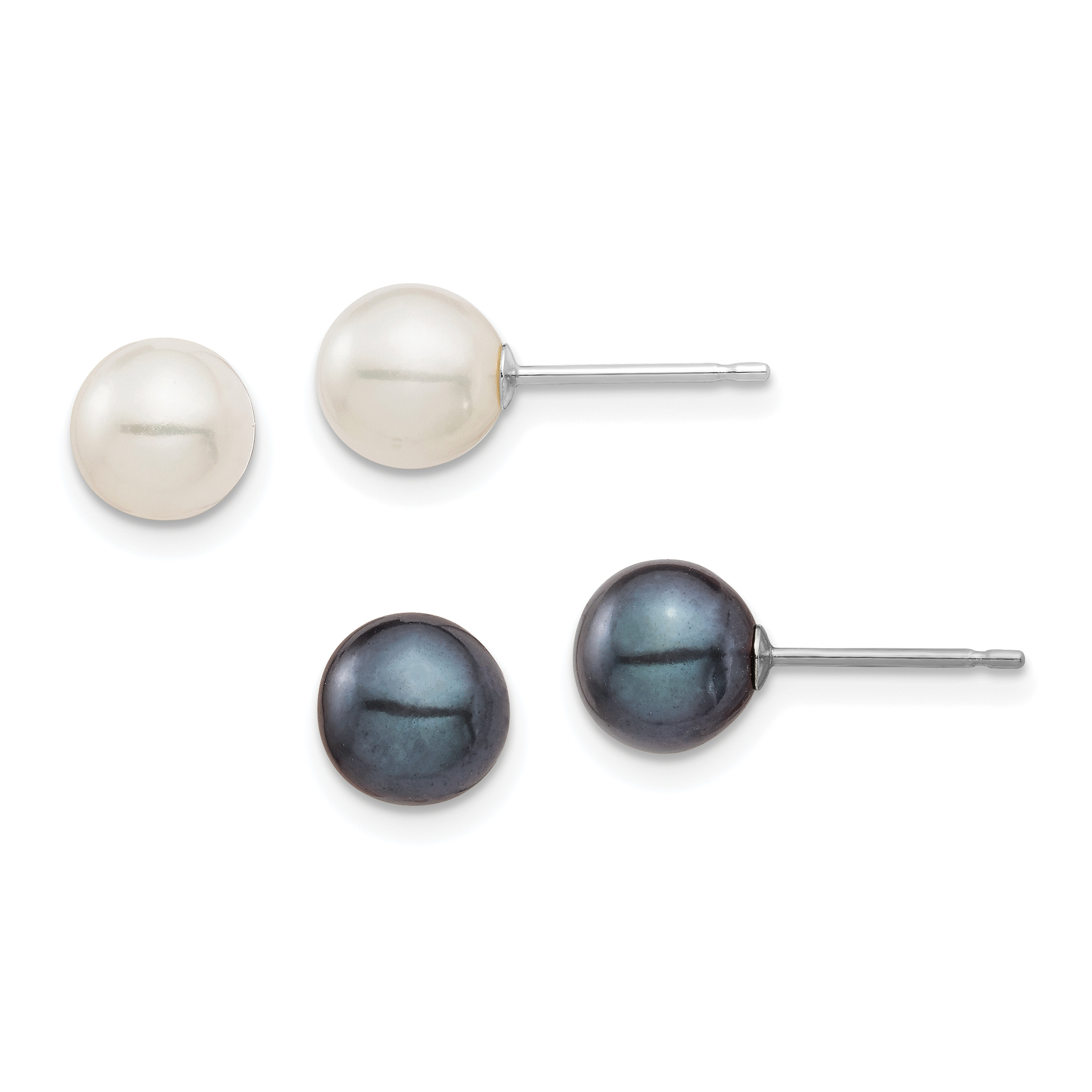 14k White Gold 6-7mm Black and White Round Freshwater Cultured Pearl 2 Pair Stud Post Earrings Set (XFW690ESET)