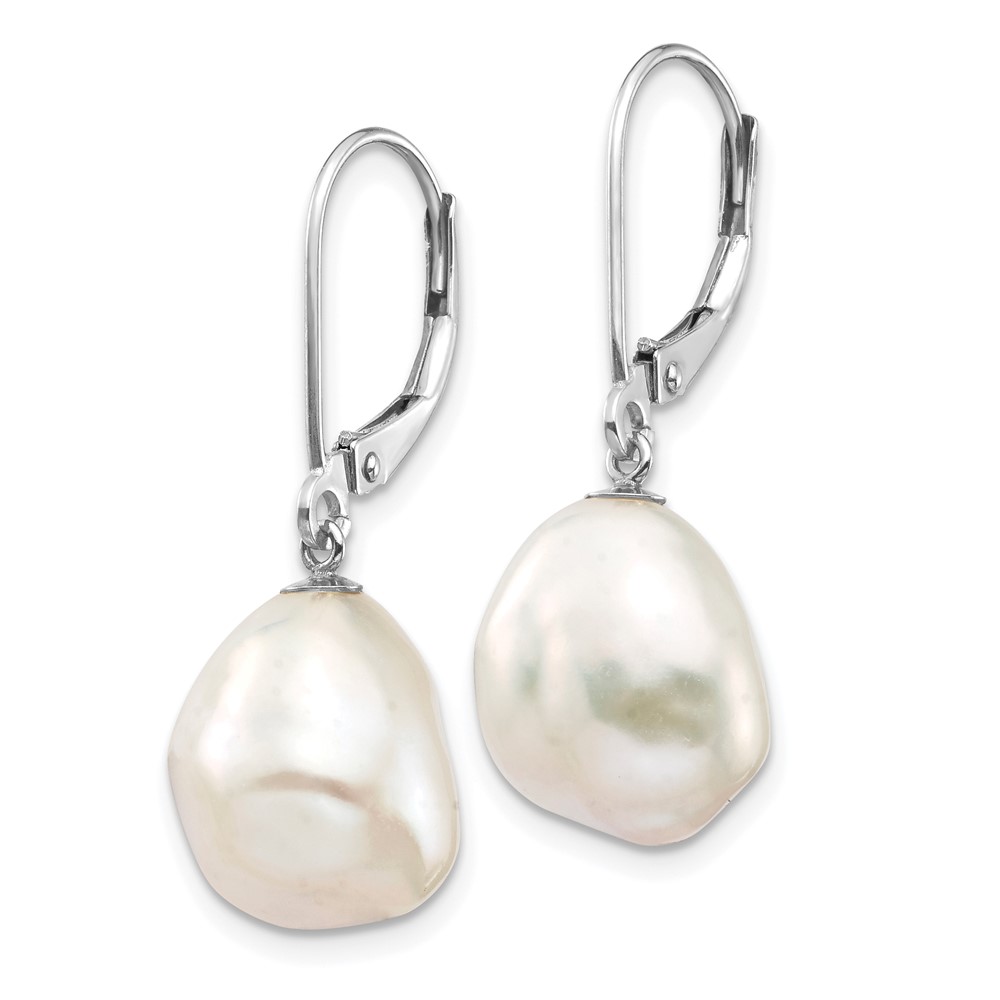 14k White Gold 10x13mm White Keshi Freshwater Cultured Pearl Dangle Leverback Earrings (XFW714E)