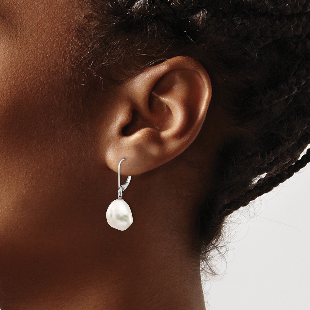 14k White Gold 10x13mm White Keshi Freshwater Cultured Pearl Dangle Leverback Earrings (XFW714E)