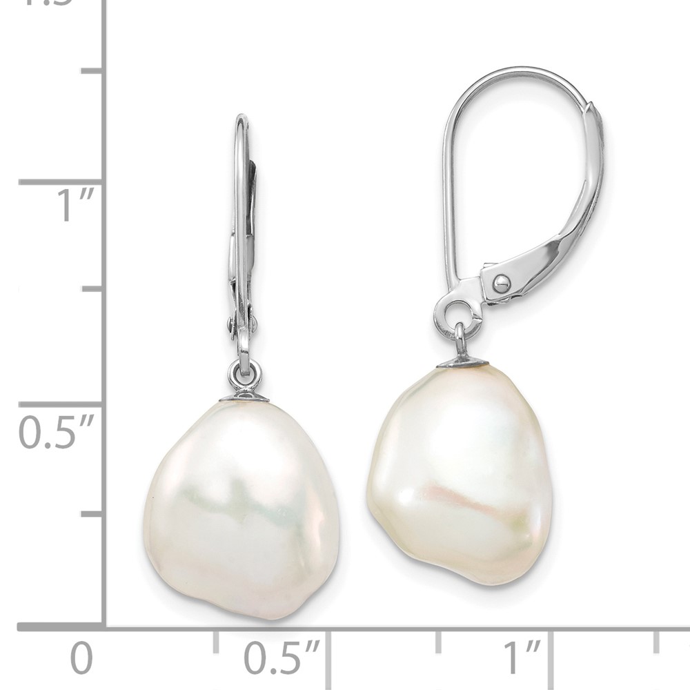 14k White Gold 10x13mm White Keshi Freshwater Cultured Pearl Dangle Leverback Earrings (XFW714E)