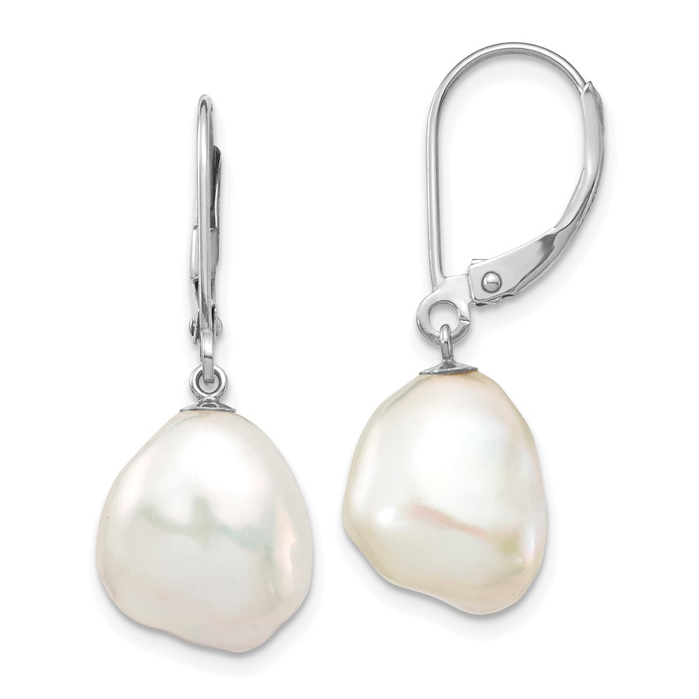14k White Gold 10x13mm White Keshi Freshwater Cultured Pearl Dangle Leverback Earrings (XFW714E)