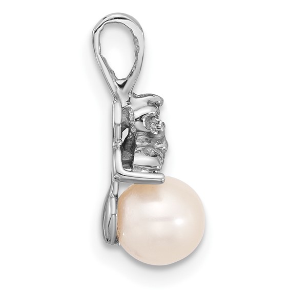14K White Gold 5-6mm Round White FWC Pearl and .03ct Dia Pendant
