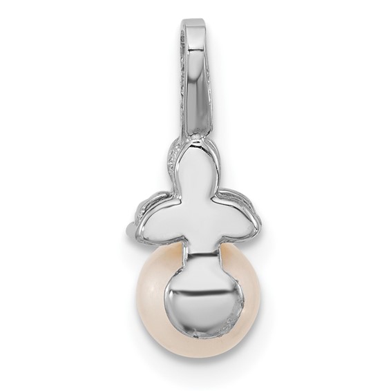 14K White Gold 5-6mm Round White FWC Pearl and .03ct Dia Pendant