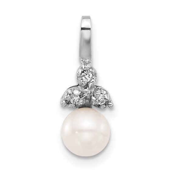 14K White Gold 5-6mm Round White FWC Pearl and .03ct Dia Pendant
