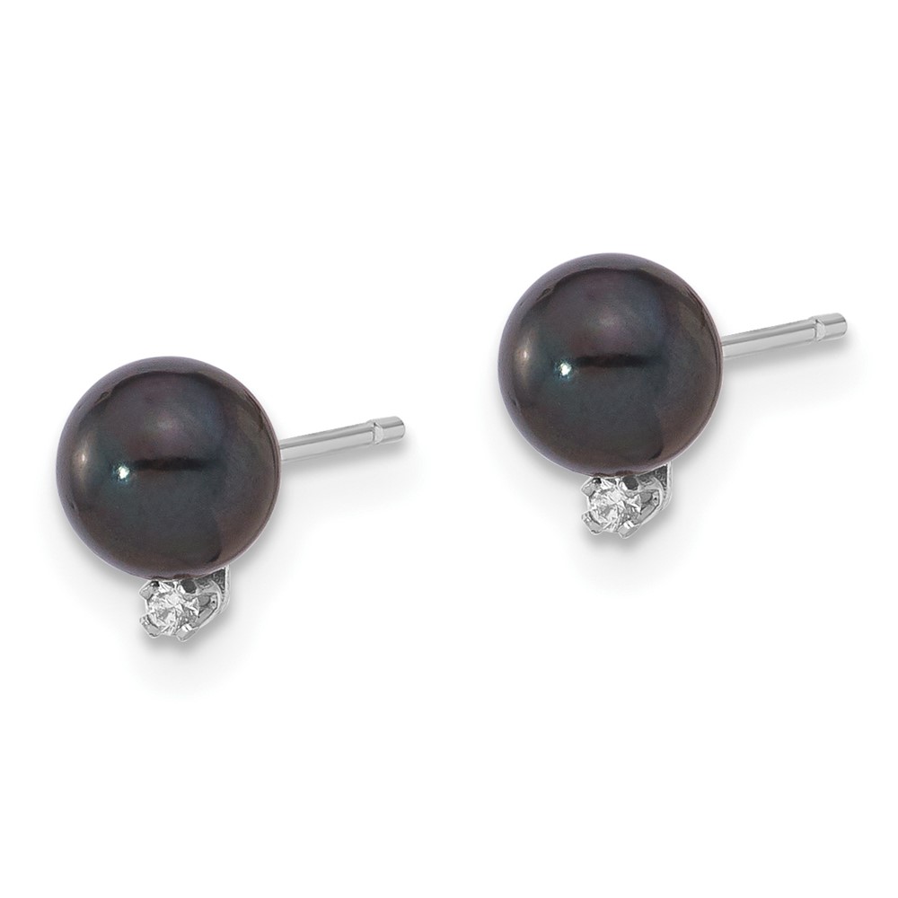 14k White Gold 5-6mm Black Round Akoya Saltwater Cultured Pearl and .02 Carat Diamond Post Earrings (XFW833E)