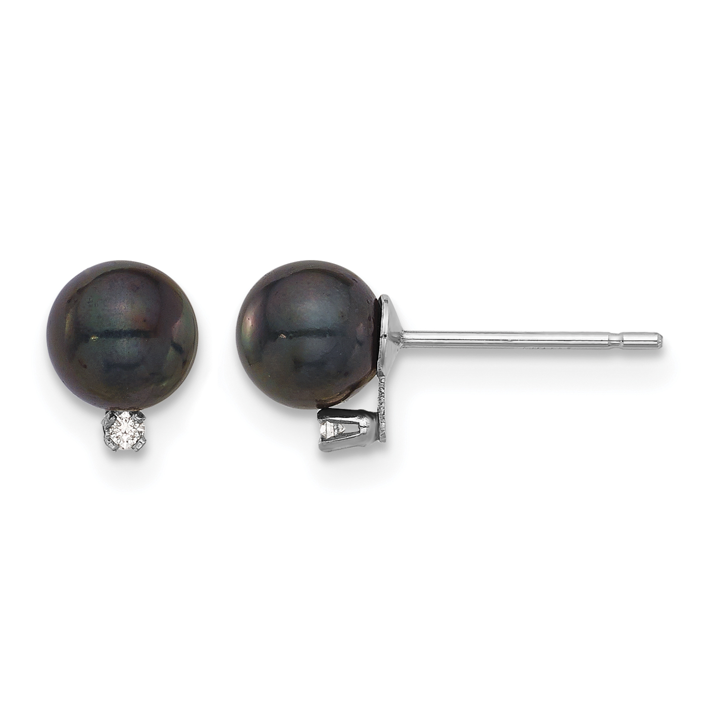 14k White Gold 5-6mm Black Round Akoya Saltwater Cultured Pearl and .02 Carat Diamond Post Earrings (XFW833E)