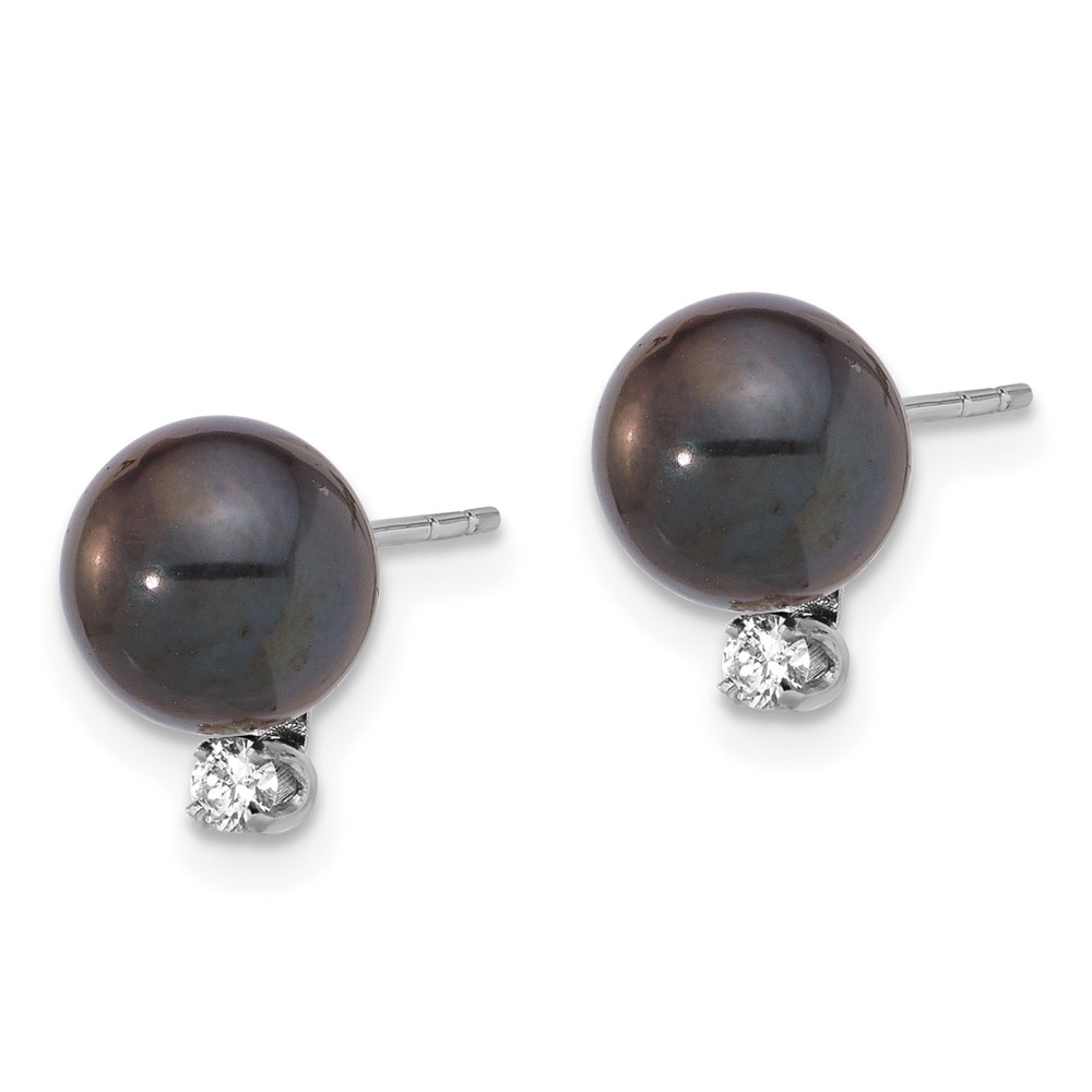 14k White Gold 7-8mm Black Round Akoya Saltwater Cultured Pearl and .10 Carat Diamond Post Earrings (XFW835E)