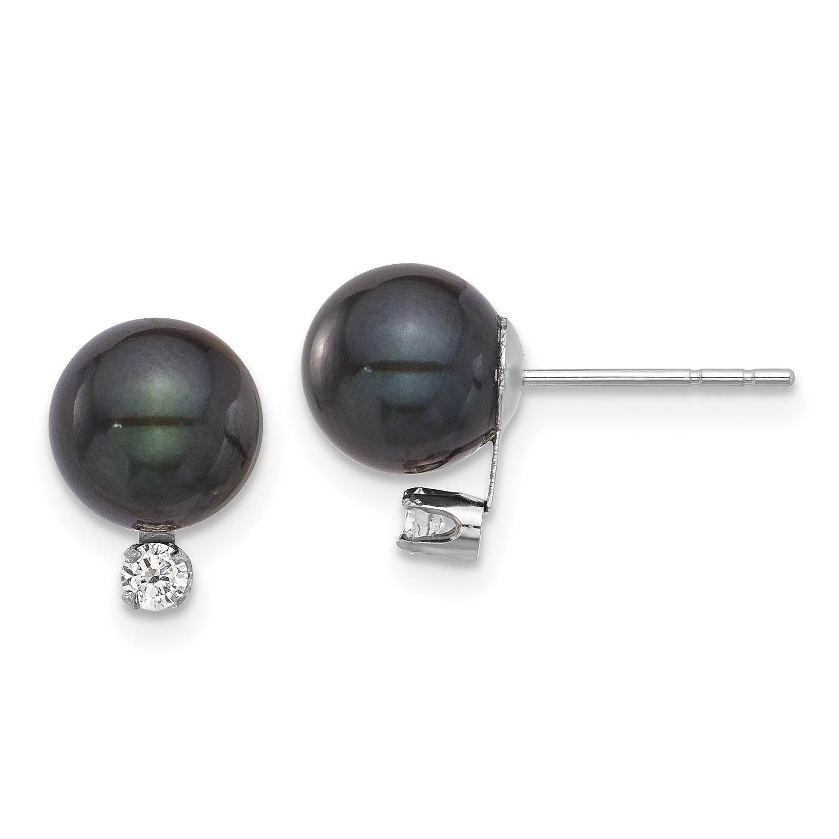 14k White Gold 7-8mm Black Round Akoya Saltwater Cultured Pearl and .10 Carat Diamond Post Earrings (XFW835E)