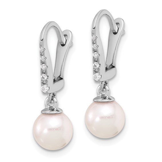 14k White Gold 6-7mm White Round Akoya Saltwater Cultured Pearl and .085 Carat Diamond Dangle Earrings