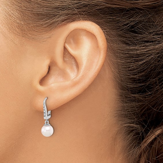 14k White Gold 6-7mm White Round Akoya Saltwater Cultured Pearl and .085 Carat Diamond Dangle Earrings
