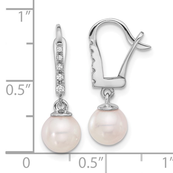 14k White Gold 6-7mm White Round Akoya Saltwater Cultured Pearl and .085 Carat Diamond Dangle Earrings
