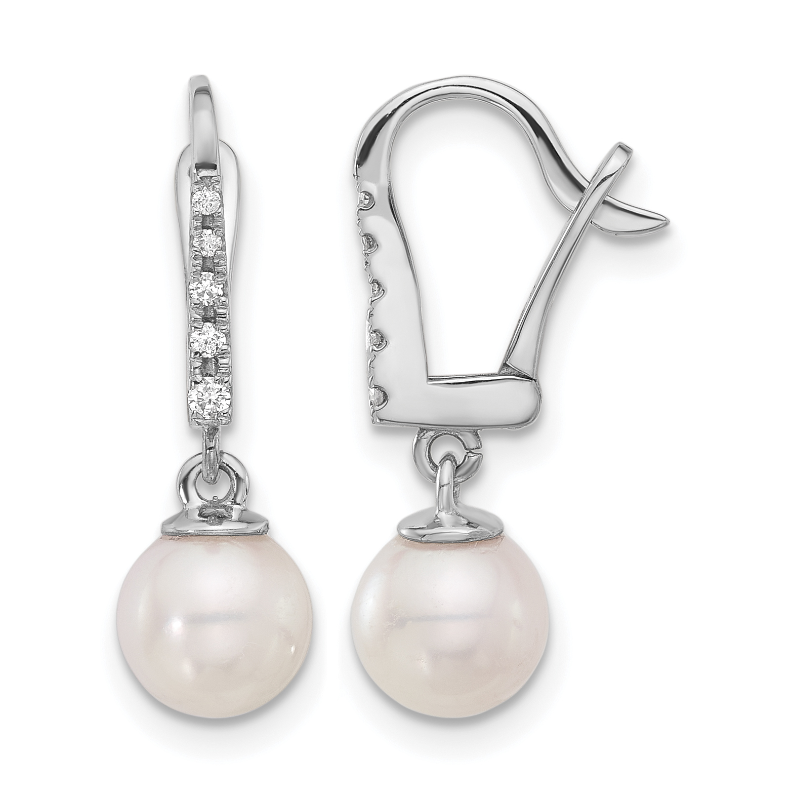 14k White Gold 6-7mm White Round Akoya Saltwater Cultured Pearl and .085 Carat Diamond Dangle Earrings (XFW838E)