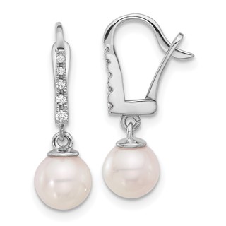 14k White Gold 6-7mm White Round Akoya Saltwater Cultured Pearl and .085 Carat Diamond Dangle Earrings