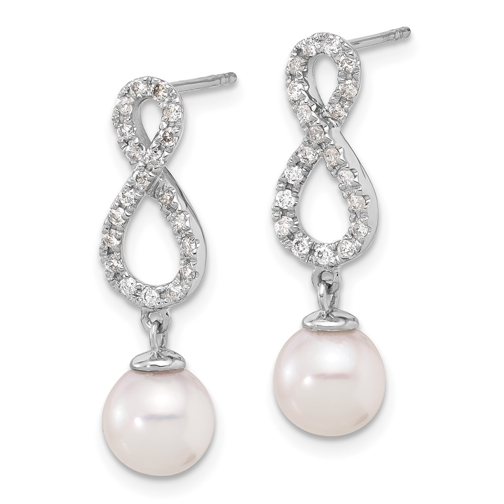 14k White Gold 7-8mm White Round Akoya Saltwater Cultured Pearl and .40 Carat Diamond Infinity Post Dangle Earrings (XFW840E)