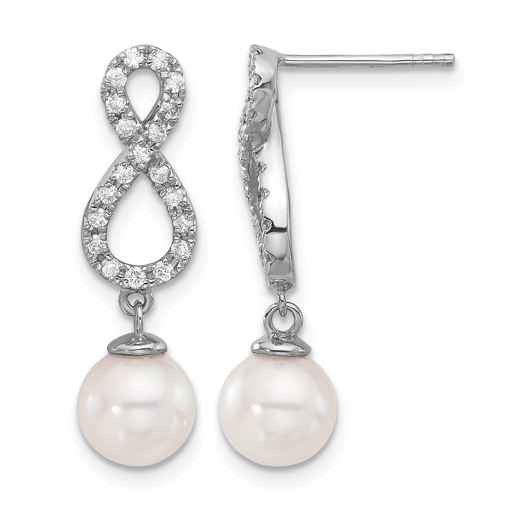 14k White Gold 7-8mm White Round Akoya Saltwater Cultured Pearl and .40 Carat Diamond Infinity Post Dangle Earrings (XFW840E)