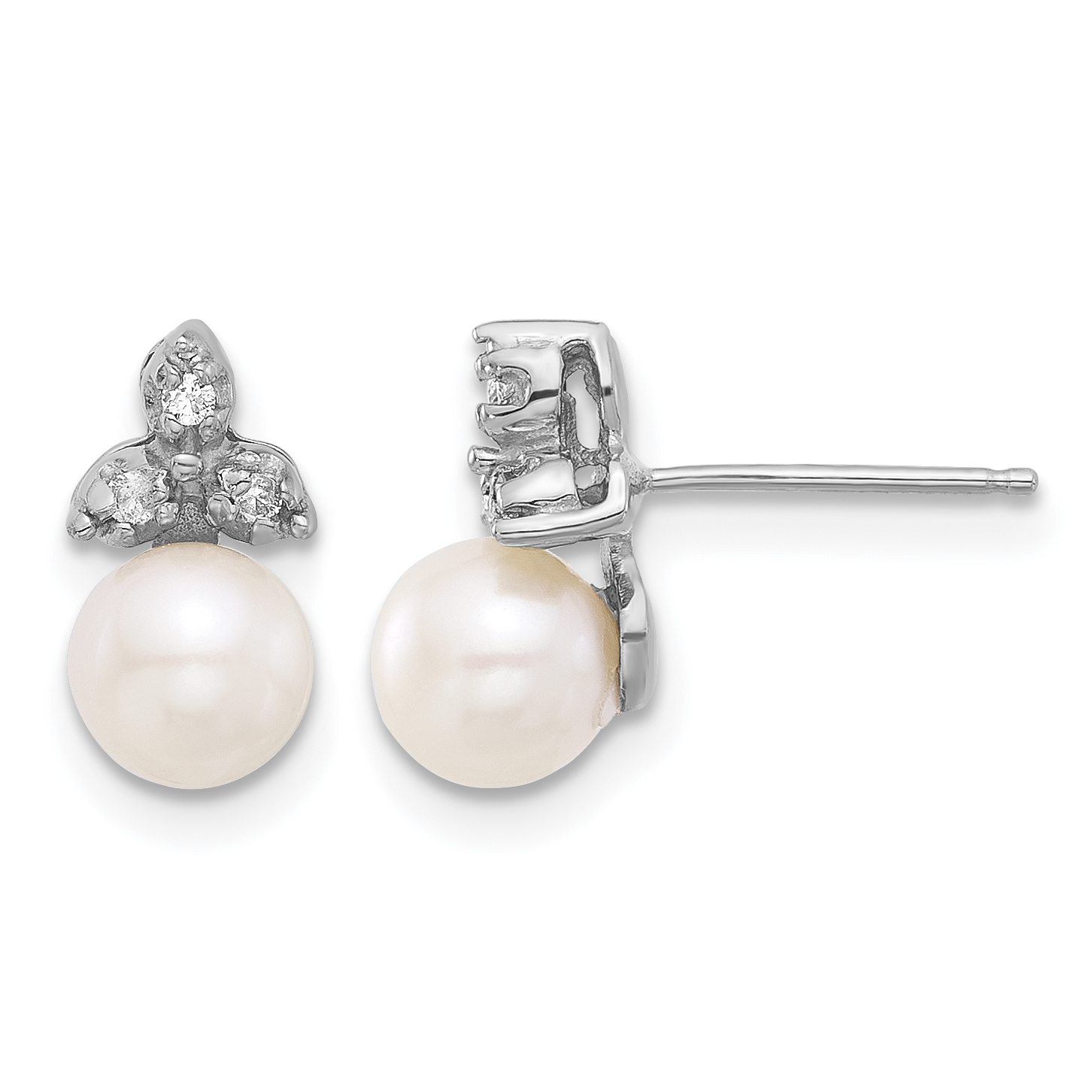 14k White Gold 5-6mm White Round Freshwater Cultured Pearl .06 Carat Diamond Post Earrings (XFW846E)