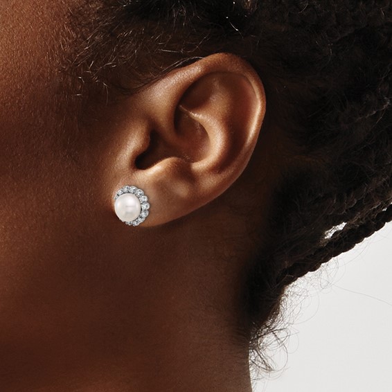 7-8mm Button Freshwater Cultured Pearl and .28ct Dia Post Earrings     