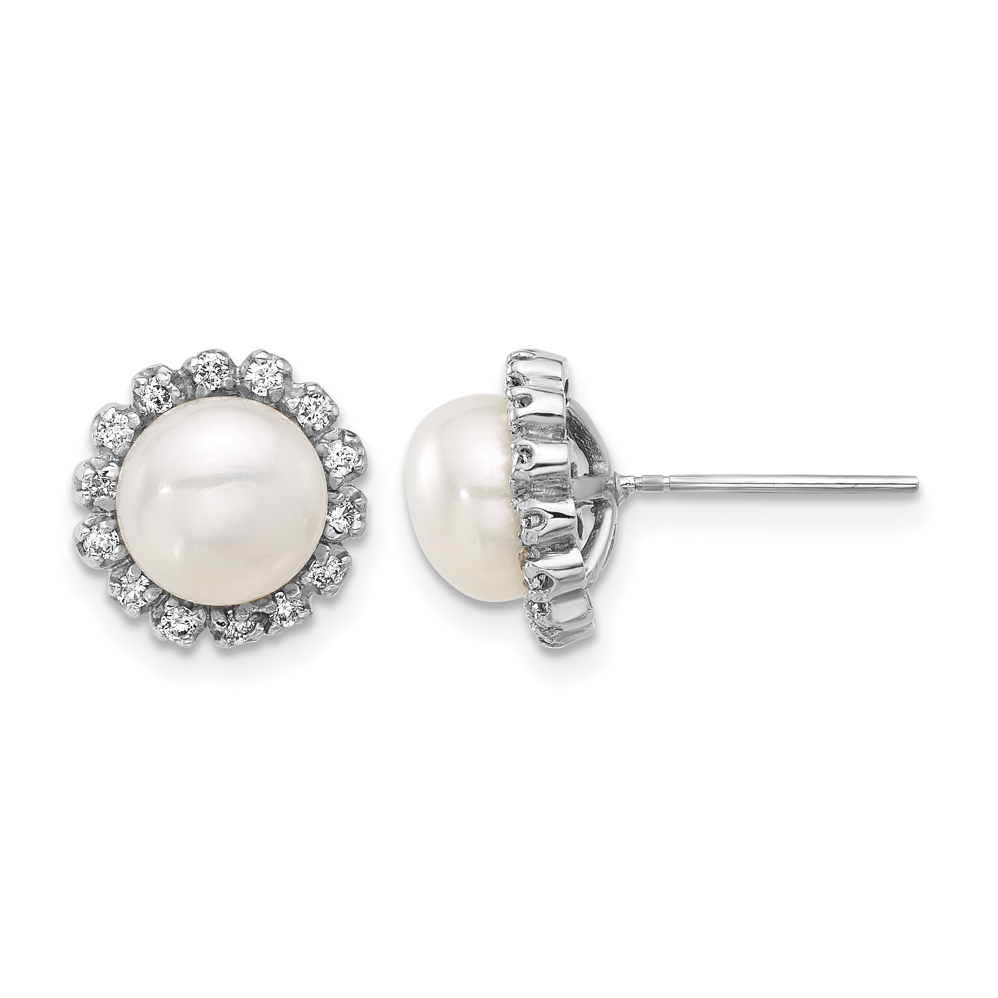 14k White Gold 7-8mm White Button Freshwater Cultured Pearl and .28 Carat Diamond Post Earrings (XFW848E)