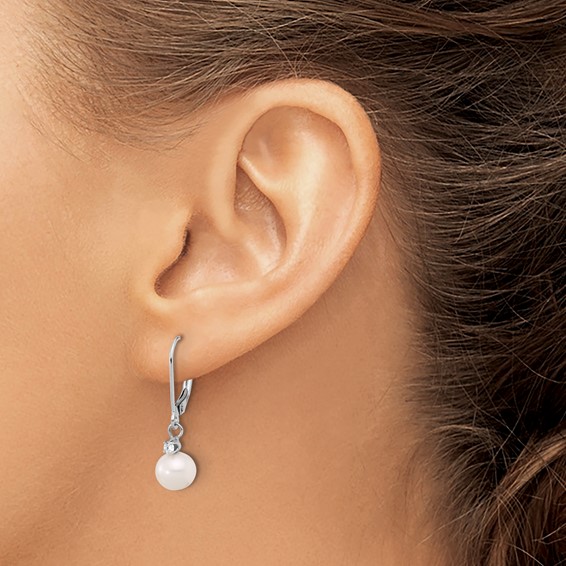 7-8mm FWC Pearl & Diamond Leverback Dangle Earrings       