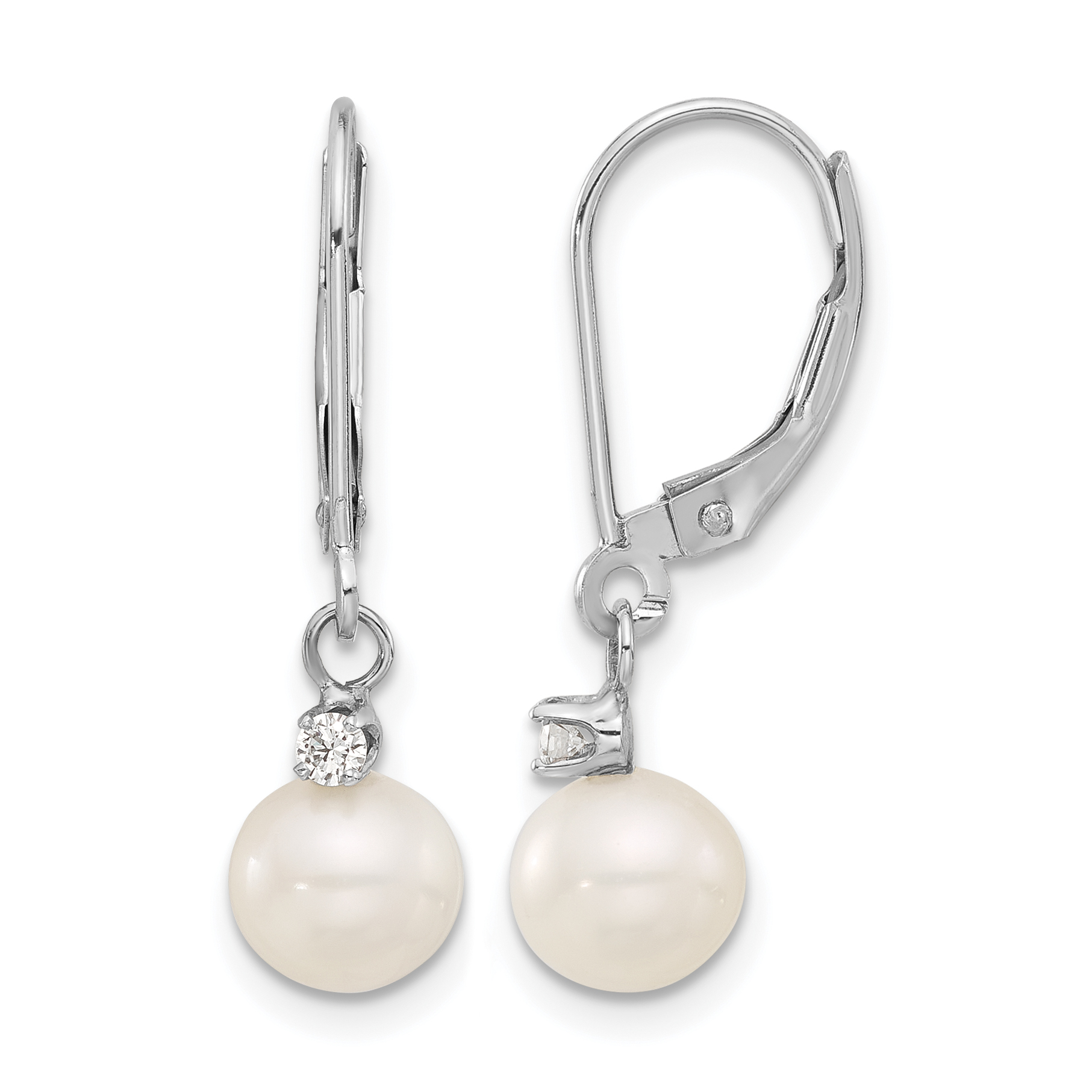 14k White Gold 7-8mm White Round Freshwater Cultured Pearl and .10 Carat Diamond Dangle Leverback Earrings (XFW850E)
