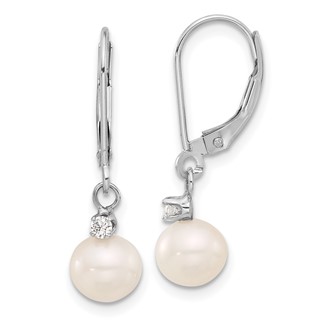7-8mm FWC Pearl & Diamond Leverback Dangle Earrings       