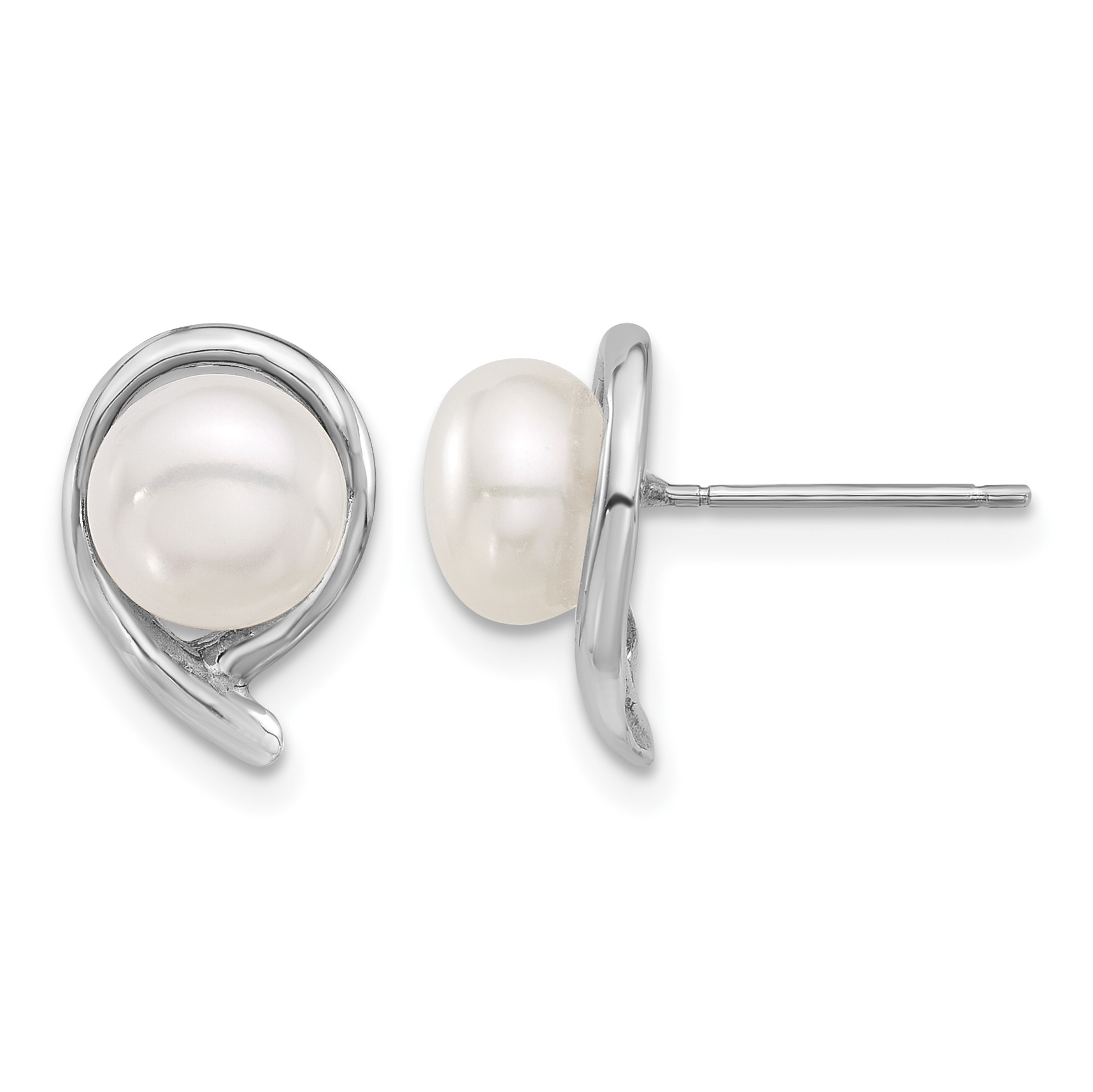 14k White Gold 7-8mm White Button Freshwater Cultured Pearl Post Earrings (XFW856E)