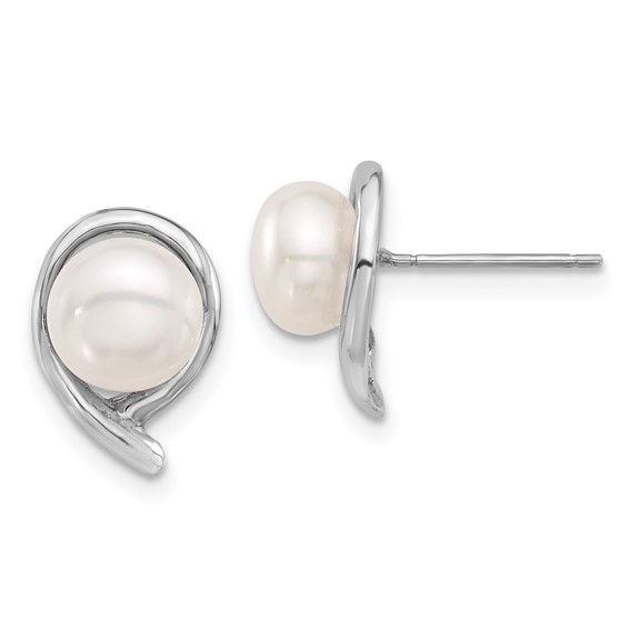 14k White Gold 7-8mm White Button Freshwater Cultured Pearl Post Earrings