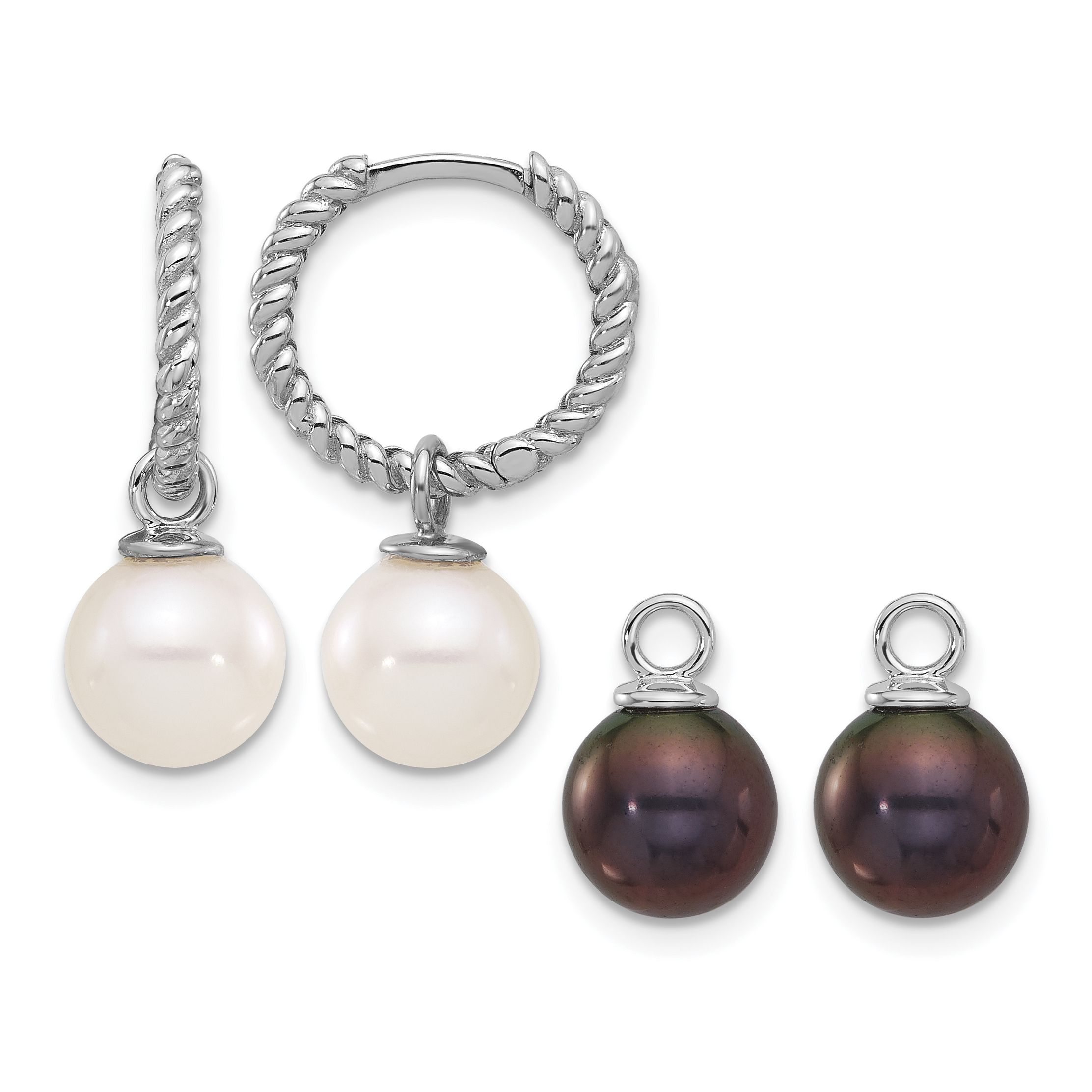14k White Gold 7-8mm Black and White Freshwater Cultured Pearl Removable Dangle Hoop Earrings (XFW859E)