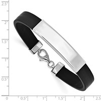 Sterling Silver Rhodium-plated Polished Engravable 42x 10mm Plate Black Rubber ID Bracelet, 8" view 3