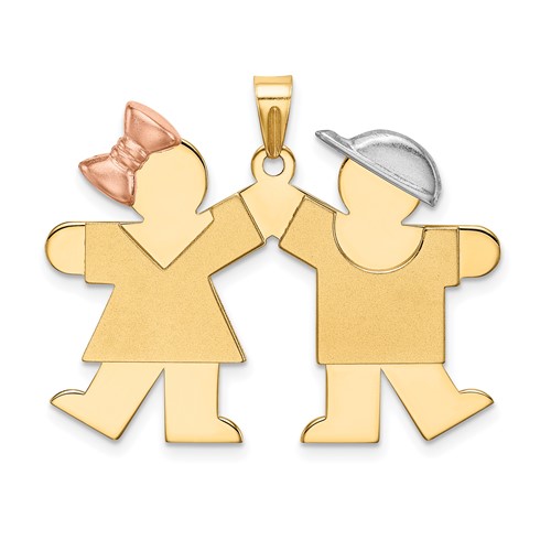 14K Tri-color the Kids Medium Girl on Left and Boy on Right Engravable Kiss Charm