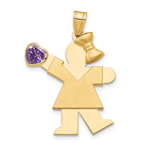 14K Yellow Gold the Kids Girl Charm with Purple CZ February Birthstone Engravable Kiss