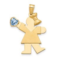 14K Yellow Gold the Kids Girl Charm with Light Blue CZ March Birthstone Engravable Kiss view 1