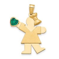 14K Yellow Gold the Kids Girl Charm with Green CZ May Birthstone Engravable Kiss view 1