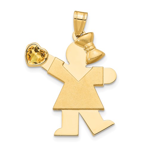 14K Yellow Gold the Kids Girl Charm with Yellow CZ November Birthstone Engravable Kiss