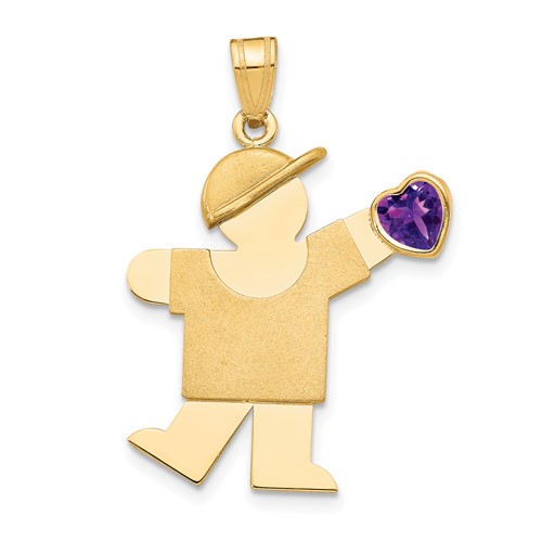 14K Yellow Gold the Kids Boy Charm with Purple CZ February Birthstone Engravable Kiss