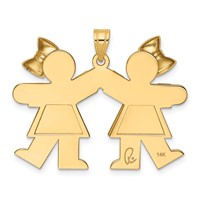 14K Yellow Gold the Kids Solid Engravable Medium Double Girls Charm with Bows Kiss view 4