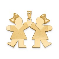 14K Yellow Gold the Kids Solid Engravable Medium Double Girls Charm with Bows Kiss view 1