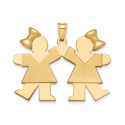 14K Yellow Gold the Kids Solid Engravable Medium Double Girls Charm with Bows Kiss