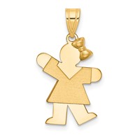 14K Yellow Gold the Kids Solid Engravable Small Girl Charm with Bow on Right Kiss view 1