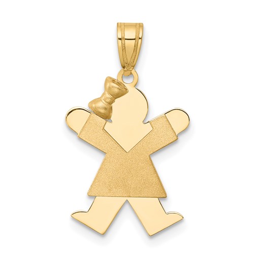 14K Yellow Gold the Kids Solid Engravable Small Girl Charm with Bow on Left Joy
