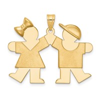 14K Yellow Gold the Kids Solid Engravable Medium Girl on Left and Boy on Right Kiss Charm view 1