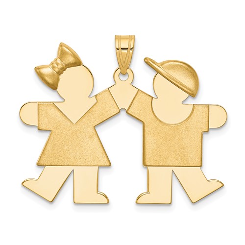 14K Yellow Gold the Kids Solid Engravable Medium Girl on Left and Boy on Right Kiss Charm