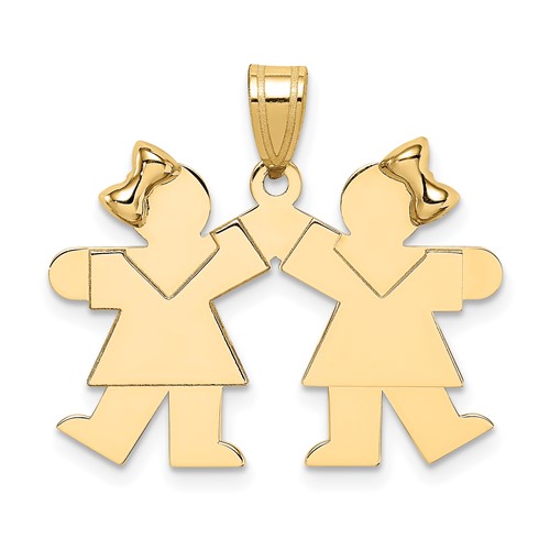 14K Yellow Gold the Kids Solid Engravable Small Double Girls Kiss Charm