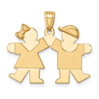 14K Yellow Gold the Kids Solid Engravable Small Girl on Left and Boy on Right Kiss Charm view 1